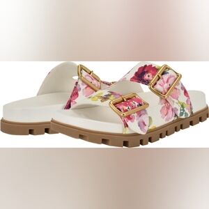*NIB* 🖖 Nine West 🖖 Timma Platform Floral Gold Buckle Slide Sandals